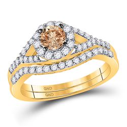 14kt Yellow Gold Round Brown Diamond Bridal Wedding Engagement Ring Band Set 1.00 Cttw