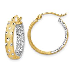 14k Two-tone Rhodium Satin & Polished & Diamond-cut Hoop Earrings