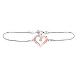 Sterling Silver Womens Round Diamond Rose-tone Heart Bracelet 1/12 Cttw
