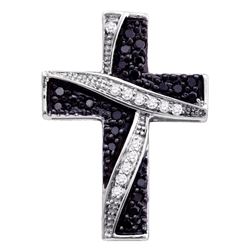 14kt White Gold Womens Round Black Color Enhanced Diamond Cross Pendant 1/4 Cttw