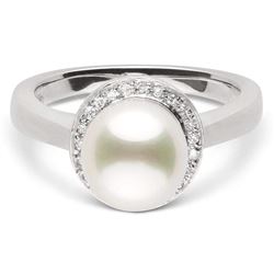 White Akoya Pearl and Diamond Halo Ring