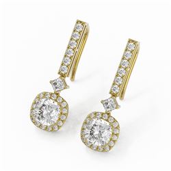 3 ctw Cushion Cut Diamond Designer Earrings 18K Yellow Gold