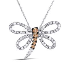 14kt White Gold Womens Round Brown Diamond Dragonfly Bug Pendant 1/4 Cttw