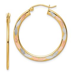 14k w/White & Rose Rhodium Diamond-cut Hoop Earrings