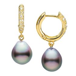 Large Black Tahitian Drop-Shape Pearl and Diamond Hoop Earrings