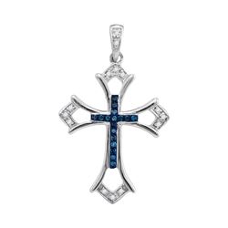 Sterling Silver Womens Round Blue Color Enhanced Diamond Cross Pendant 1/10 Cttw