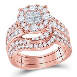14kt Rose Gold Womens Princess Round Diamond Bridal Wedding Engagement Ring Band Set 2-1/2 Cttw