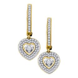 10kt Yellow Gold Womens Round Diamond Heart Dangle Earrings 3/4 Cttw