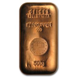 500 gram Copper Bar - Geiger (Poured, .9999 Fine)