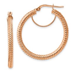 10k Rose Gold Twisted Round Omega Back Hoop Earrings - 3x25 mm