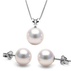 White Japanese Akoya Pearl Solitaire Pendant and Classic Stud Earring Set