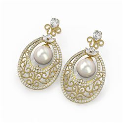 6.5 ctw Mixed Cut Diamond with Pearl Earrings 18K Yellow Gold