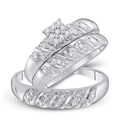 14kt White Gold His & Hers Round Diamond Cluster Matching Bridal Wedding Ring Band Set 1/10 Cttw