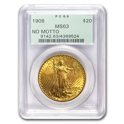 1908 $20 Saint-Gaudens Gold Double Eagle No Motto MS-63 PCGS