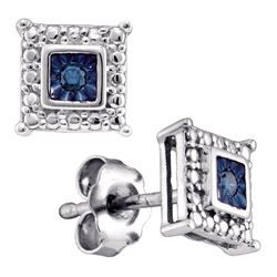 Sterling Silver Womens Round Blue Color Enhanced Diamond Square Earrings 1/20 Cttw