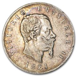 1869-1878 Italy Silver 5 Lire Vittorio Emanuel II Avg Circ