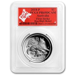 2018 Australia 1 oz Silver Dog HR PR-69 PCGS (Red Label)