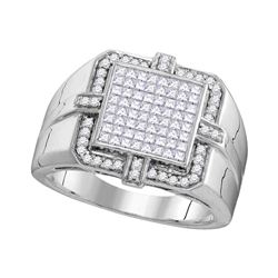 10kt White Gold Mens Princess Diamond Square Frame Cluster Ring 1.00 Cttw