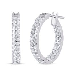 14kt White Gold Womens Round Diamond Inside Outside Double Row Hoop Earrings 1.00 Cttw