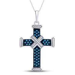 Sterling Silver Womens Round Blue Color Enhanced Diamond Bound Roman Cross Pendant 1/4 Cttw