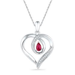 10kt White Gold Womens Pear Lab-Created Ruby Diamond Heart Pendant 1/20 Cttw