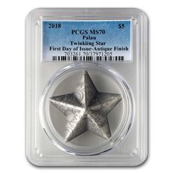 2018 Palau 1 oz Silver Antique Finish Twinkling Star MS-70 PCGS