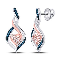 10kt White Gold Womens Round Blue Color Enhanced Diamond Rose-tone Heart Earrings 1/6 Cttw