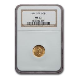 1854 $1 Indian Head Gold Type-II MS-62 NGC