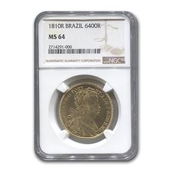 1810 Brazil Gold 6,400 Reis Prince Regent John MS-64 NGC