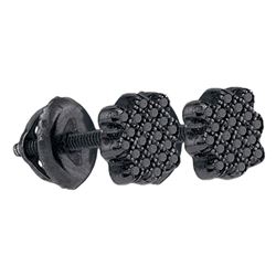 Sterling Silver Round Black Color Enhanced Diamond Cluster Screwback Stud Earrings 1/20 Cttw