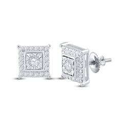 Sterling Silver Womens Round Diamond Solitaire Square Stud Earrings 1/10 Cttw