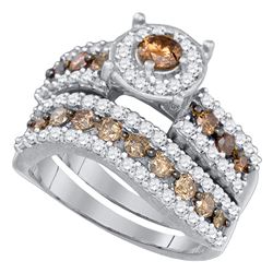 10kt White Gold Womens Round Brown Diamond Bridal Wedding Engagement Ring Band Set 1-3/4 Cttw
