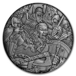 2018 Tuvalu 2 oz Silver Vikings Warfare BU (HR, Antiqued)