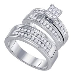 14kt White Gold His & Hers Princess Diamond Cluster Matching Bridal Wedding Ring Band Set 1.00 Cttw