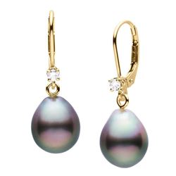 Black Tahitian Drop-Shaped Pearl and Diamond Leverback Dangle Earrings