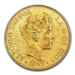 1897 Spain Gold 100 Pesetas Alfonso XIII MS-61 PCGS