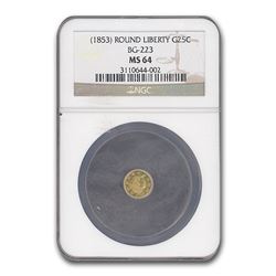 (1853) Liberty Round 25 Cent Gold MS-64 NGC (BG-223)