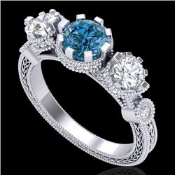 1.75 ctw Intense Blue Diamond Art Deco 3 Stone Ring 18k White Gold