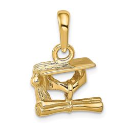 14k Gold Solid Polished 3-Dimensional Graduation Cap with Diploma