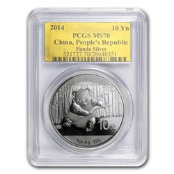 2014 China 1 oz Silver Panda MS-70 PCGS (Gold Foil Label)
