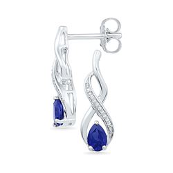 Sterling Silver Womens Pear Lab-Created Blue Sapphire Diamond Earrings 1/20 Cttw