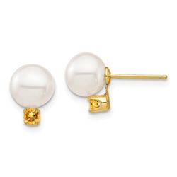 14k Yellow Gold White Pearl Citrine Post Earrings - 7-7.5 mm