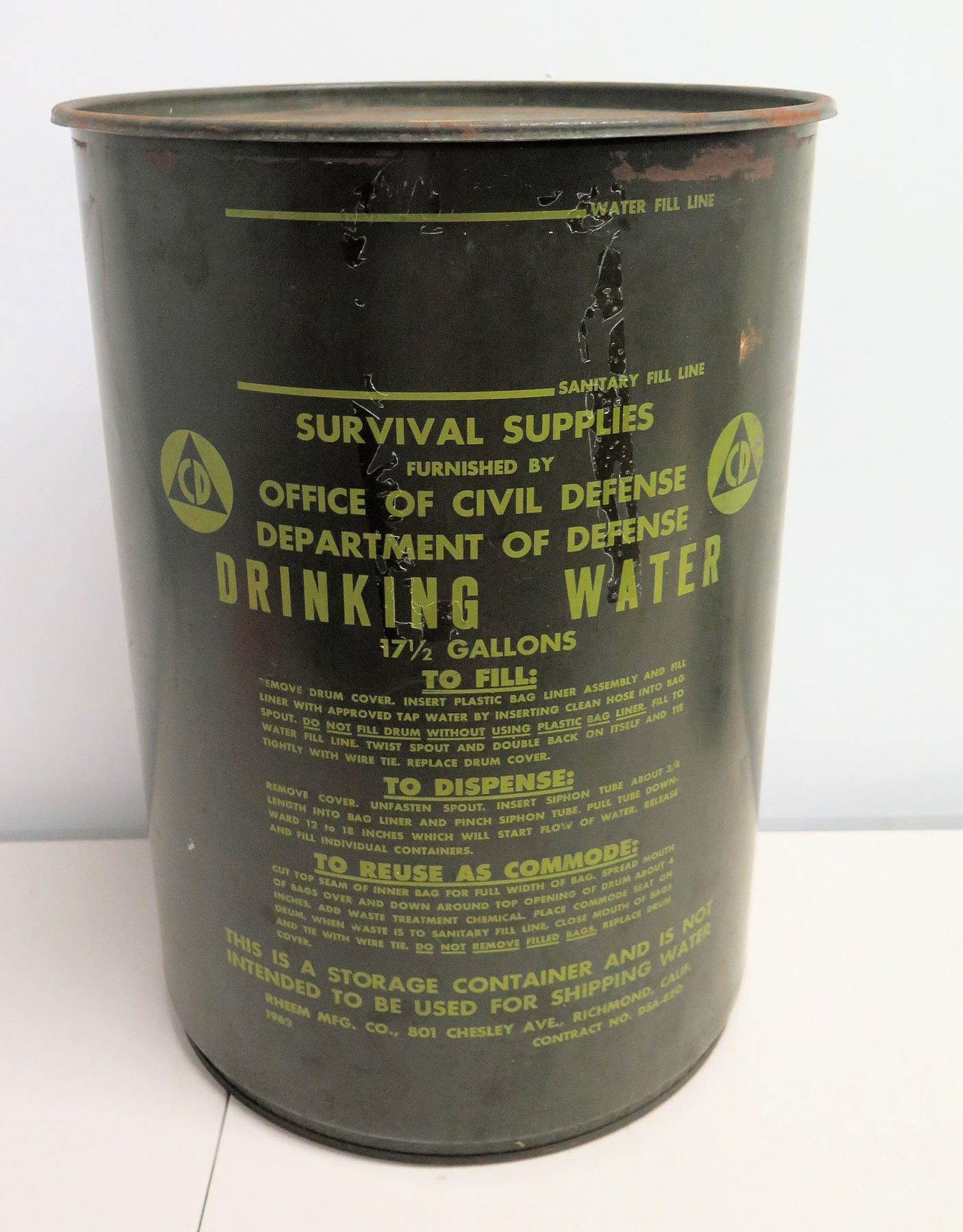 Survival Supplies Civil Defense Drinking Water Drum 17-1/2 Gallons - Oahu Auctions Survival Supplies Civil Defense Drinking Water Drum 17-1/2 Gallons - Oahu Auctions