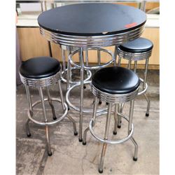 Round Black & Chrome Table (30.5"Dia) & 4 Upholstered Stools (12"Dia)