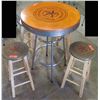 Image 1 : Round Wood "Home of the Brave Beverage Company"  Bar-Height Table (30" Dia) & 4 Stools (13" Dia)