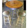 Image 1 : Round Wood "Home of the Brave Beverage Company"  Bar-Height Table (30" Dia) & 4 Stools (13" Dia)