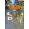 Image 2 : Round Wood "Home of the Brave Beverage Company"  Bar-Height Table (30" Dia) & 4 Stools (13" Dia)