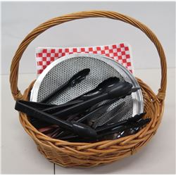 Basket w/ Round Strainers & Black Tongs