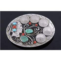Signed Navajo Silver Indian Head Nickel Buckle
