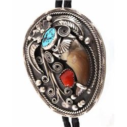 Navajo Sterling Silver Turquoise & Bear Claw Bolo